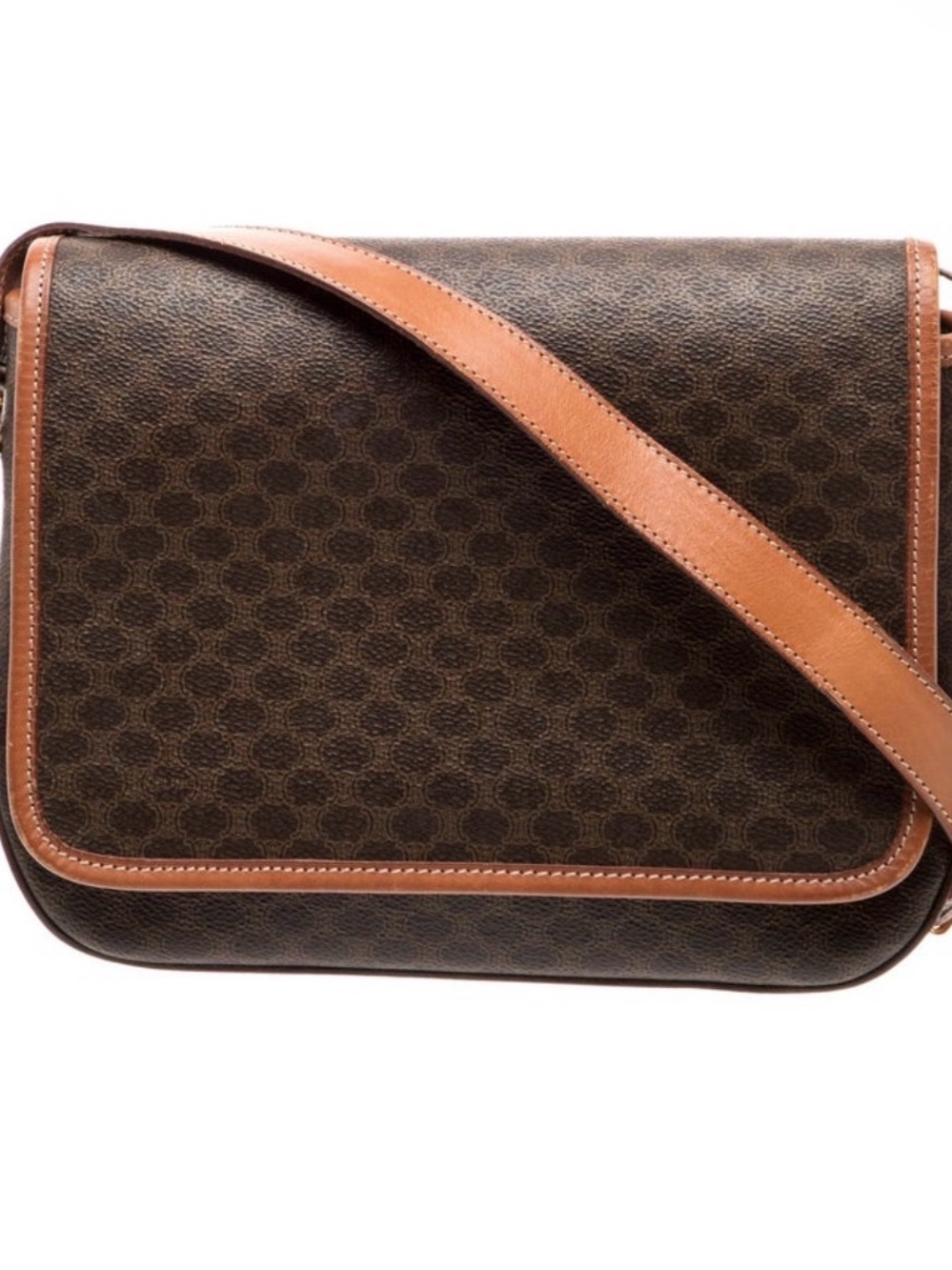 💯Celine Folco vintage Brown Monogram Messenger Bag with Tan Leather Trim